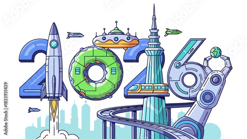 Futuristic 2026 Typography with Spacecraft, Cityscape, and Industrial Elements Design