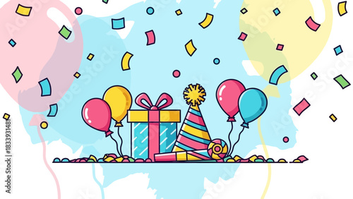 Party Celebration with Balloons, Gifts and Confetti Vector Illustration