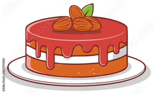 Tasty layered cake illustration with vibrant red dripping glaze creamy white filling and whole almond topping