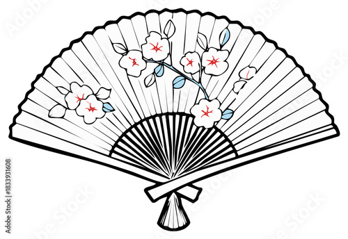 Traditional Japanese fan with cherry blossoms and stylized floral design