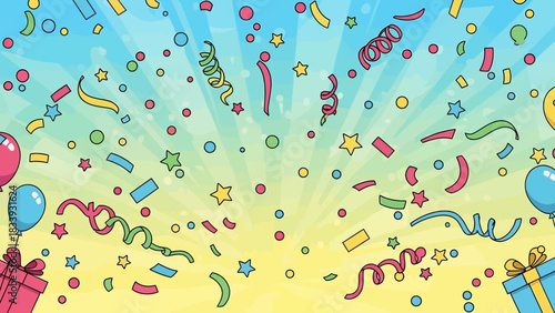 Celebratory Confetti Explosion with Balloons and Gift Boxes on a Vibrant Background