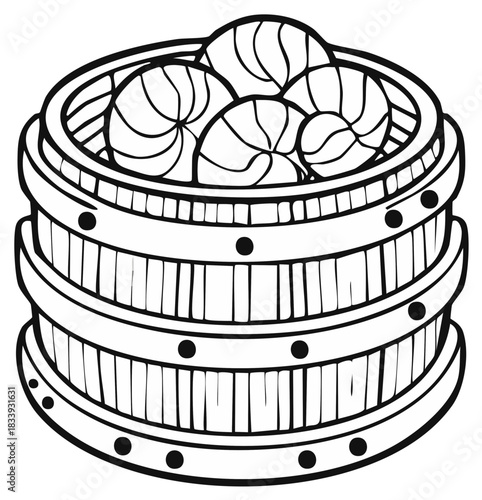 Hand drawn oriental style bamboo steamer basket filled with yummy dumplings outline illustration