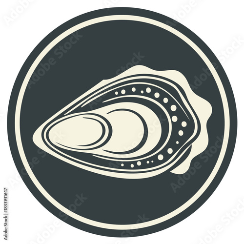 Stylized oyster shell icon in dark circle showcasing fresh seafood marine mollusk illustration graphic