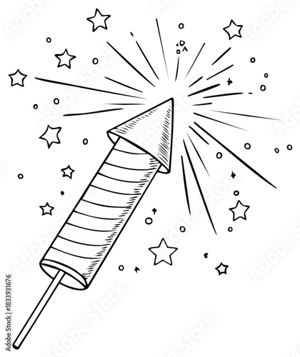 Hand drawn doodle sketch of firework rocket exploding with stars and sparks celebrating festive event