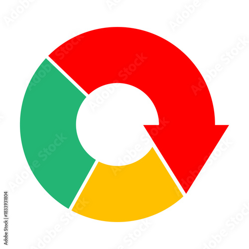 Multi colored ring shaped pie diagram with red arrow of downward trend chart points downwards. Simple flat vector isolated on white background