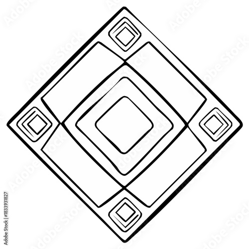 Abstract black and white geometric pattern illustration featuring nested diamond shapes and tribal design