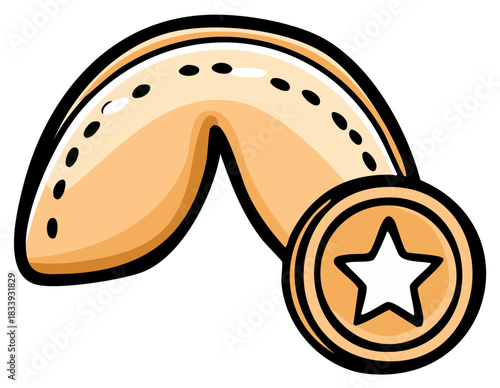 Fortune cookie with coin symbol, golden color, illustration