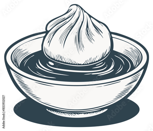 Illustration of a dumpling in a bowl of sauce, vintage style