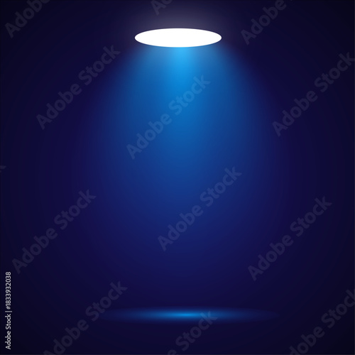 Dark Blue Spotlight Background with Dramatic Glow and Empty Stage Floor. Dramatic Blue Spotlight Beam on Navy Background. Modern Vector Light Effect.