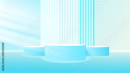 Light Blue Product Podium with Soft Rays and Minimal Abstract Background. Minimal Cyan Product Podium Display with Soft Light Stripes – Clean 3D Vector Background.