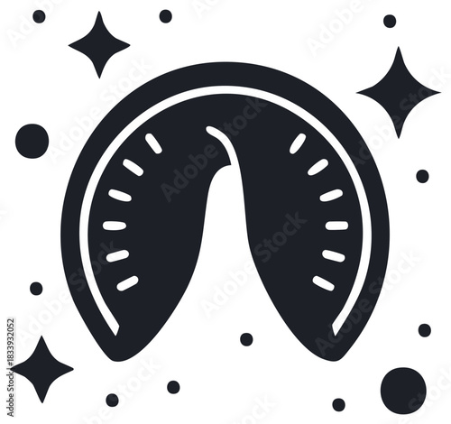 Magical fortune cookie silhouette vector icon with sparkling stars