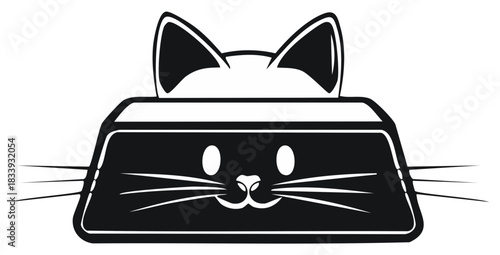 Monochrome Illustration of Cat Head with Ears in a Boxlike Cat Bowl Design