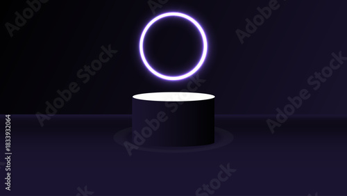 Futuristic Dark Podium with Glowing Neon Purple Ring Light on Minimal Black Background. Dark Neon Purple Podium with Glowing Circular Light – Futuristic Minimal Product Display. 