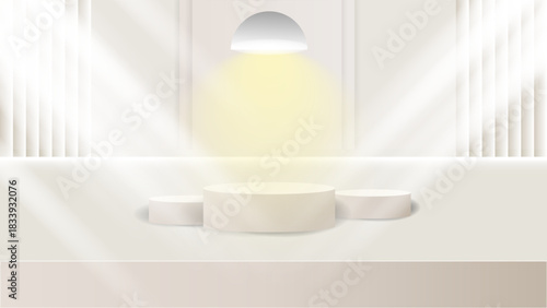Minimal Soft Beige Podium with Warm Spotlight and Elegant Light Rays for Product Display Background. Elegant Beige Product Podium with Warm Pendant Light & Soft Window Shadows. Luxury 3D Display. 