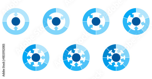 infographic circle FOCUS divided FROM 2 TO 8 steps. Cycle diagram with 8 options. Round chart that can be used for report, business analytics, data visualization and presentation, educational content.