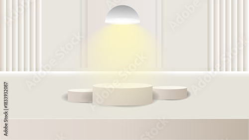 Minimal Soft Beige Podium with Warm Spotlight and Elegant Light Rays for Product Display Background. Elegant Beige Product Podium with Warm Pendant Light & Soft Window Shadows. Luxury 3D Display.