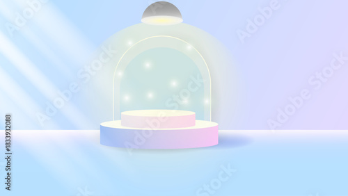 Pastel Glow Podium with Soft Spotlight and Sparkling Lights in a Futuristic Minimal Display Scene. Pastel Gradient Podium with Glowing Arch & Sparkles – Dreamy Minimal Product Display Background. 