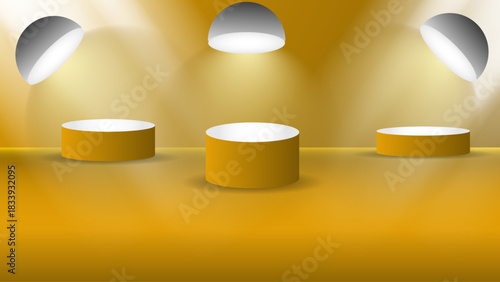 Golden Spotlight Showcase with Three Cylindrical Podiums in a Dramatic Studio Lighting Scene. Luxury Golden Yellow Podium Stage with Three Spotlights – Premium Product Display Scene, 