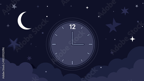 Vector illustration of a clock at three o'clock in the morning against a starry night sky with a crescent moon