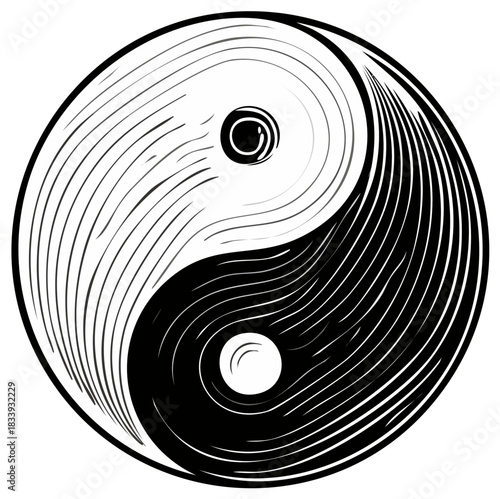 Black and white Yin Yang symbol illustration with flowing engraved style lines