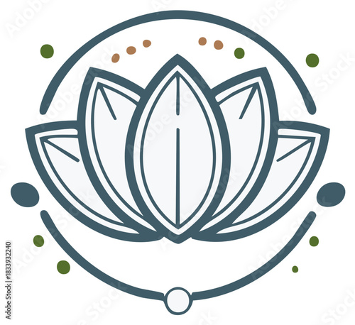 Stylized Lotus Flower Emblem with Decorative Dots and Circles