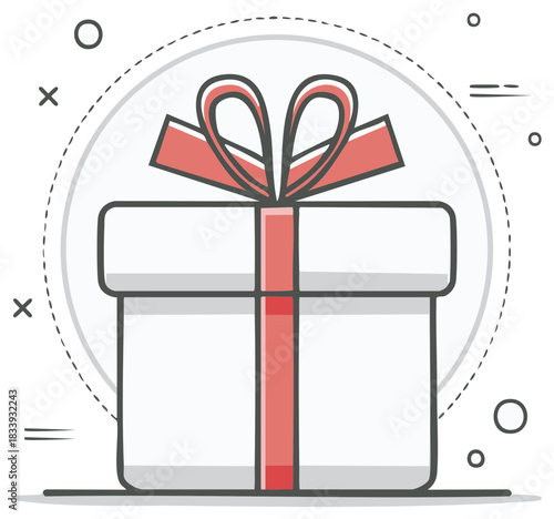 Cute cartoon gift box with red ribbon and bow for holiday, birthday, or special occasion celebrations