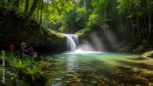 Peaceful Forest Waterfall with Colorful Wildflowers