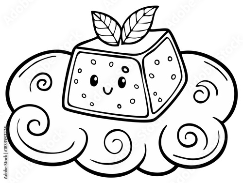 Delightful dessert cube with a sweet smile, decorative dots, and leaf garnish, rests serenely on whimsical swirl clouds, black and white
