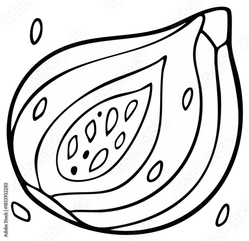 Stylized outline drawing of a sliced papaya with seeds and pulp visible