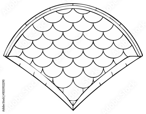 Black and white line art of a fan shaped roof section with fish scale tiles.