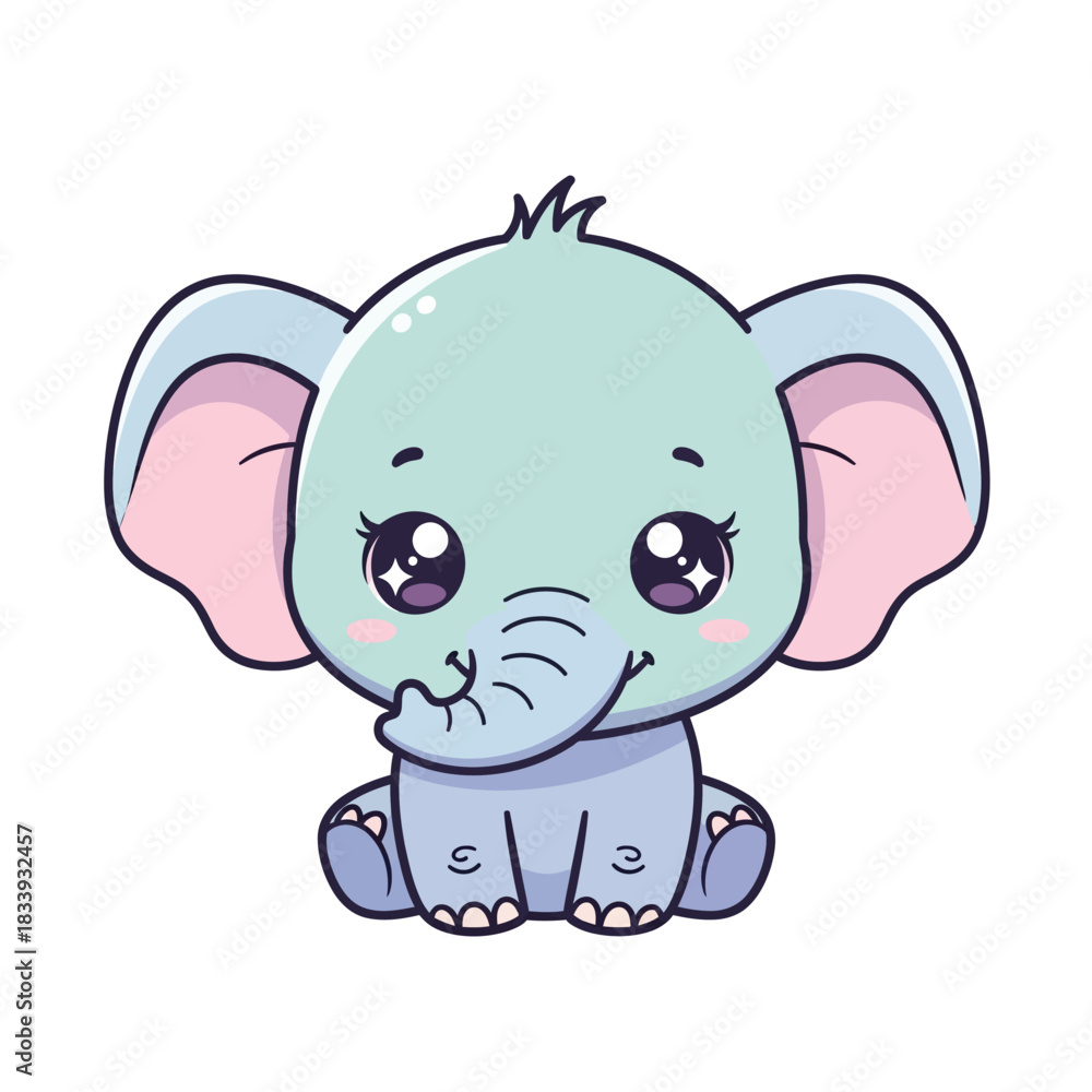 Fototapeta premium Adorable Baby Elephant Cartoon Illustration with Big Eyes and Cute Trunk.