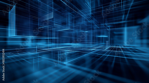 Fototapeta Naklejka Na Ścianę i Meble -  Abstract 3D digital wireframe structure in glowing blue lines representing futuristic technology, data networks, and innovation. Concept of cyberspace, connectivity, and virtual architecture.