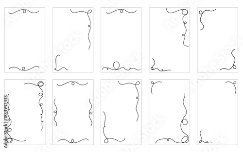 Black curly hand drawn ribbon borders set. Wavy frame collection. Curved squiggly rectangle border pack for invitation, wedding party, birthday, greeting card design. cadre frames