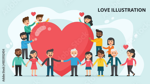 Diverse group of happy people embracing togetherness and love around a large red heart, symbolizing community, support, and unity in a modern illustration