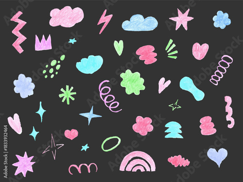 Pencil or chalk drawn stars, arrows, hearts, clouds and various naive basic shapes. Colorful collection of funky childish style figures and geometric shapes drawn by crayon. Bizarre geometric forms.