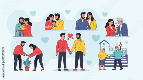 A heartwarming collection of vector illustrations showing diverse couples and families in various stages of life and love
