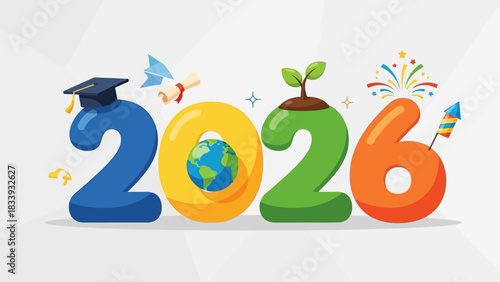 Vector graphic for the year 2026 featuring education, global, environmental, and festive themes