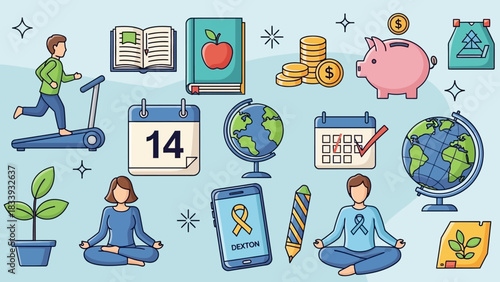 A vibrant collection of cartoon icons for lifestyle, wellness, education, and finance concepts. Modern flat line design for web and print