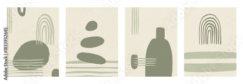 Boho olive wall posters. Abstract japandi interior vector design. Vector geometry shapes background zen aesthetic. Arch freehand lines on rice paper. Retro sage green and beige meditation ornament.