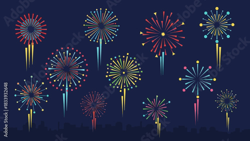 Vibrant colorful abstract firework bursts illuminating the night sky over a cityscape silhouette