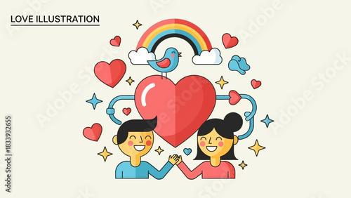 Love illustration depicting a couple holding hands with a rainbow and hearts symbolizing affection and romance