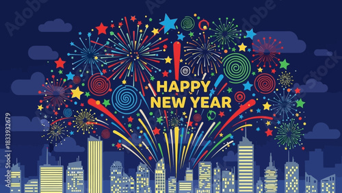Happy New Year Celebration Fireworks Display Above City Skyline with Festive Colors
