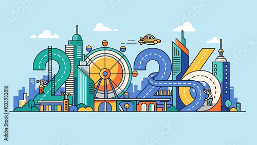 Illustration of the year 2026 represented by futuristic city skyline with Ferris wheel and modern architecture