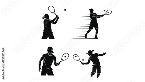 Silhouettes of tennis players in various action poses, showcasing dynamic movement and sportsmanship
