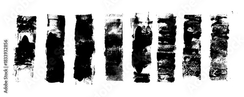 Ink paint roller brush strokes. Grunge underlines set. Linocut brush stroke collection. Handmade rectangle rough stamps. Vector black paint lines shapes. Irregular brayer smear distressed textures.