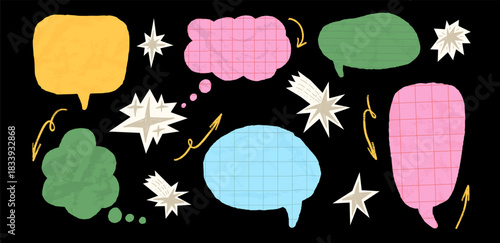 Crumpled colorful grid paper speech bubbles. Cutout dialogue clouds collage pieces. Childish school message text boxes. Scrapbook torn angular chat comic cut out with stars isolated on blackboard bg.