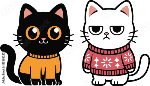 Cute Black and White Cats Wearing Cozy Sweaters Vector Illustration: Adorable Cartoon Kittens with Contrasting Personalities Ready for Autumn or Winter Designs.