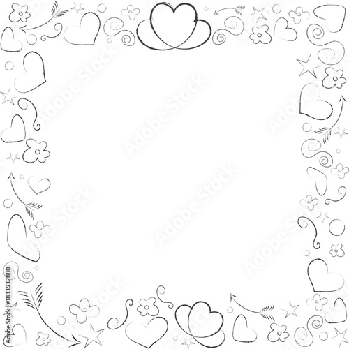 Playful and youthful square vector doodle frame featuring a hand-drawn, sketchy border of hearts, flowers, and arrows, ideal for modern teenage Valentine's Day designs or stationery.