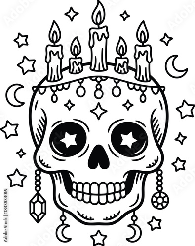 Occult Style Sugar Skull Vector Illustration: Mystical Skeleton with Burning Candles, Crescent Moons, Dangling Crystals, and Sparkling Stars for Esoteric Design.