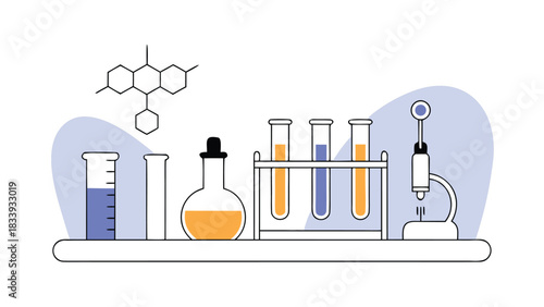 Isometric illustration of various laboratory equipment, including beakers, flasks, and test tubes in a scientific setting..eps